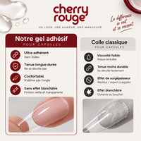 Comparaison Cherry Rouge entre le Glue Gel adhésif transparent et une colle classique pour capsules d'ongles.