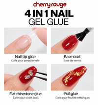 Collage Cherry Rouge montrant les 4 usages du Glue Gel : pose de capsule, base coat, fixation de strass et nail foil.