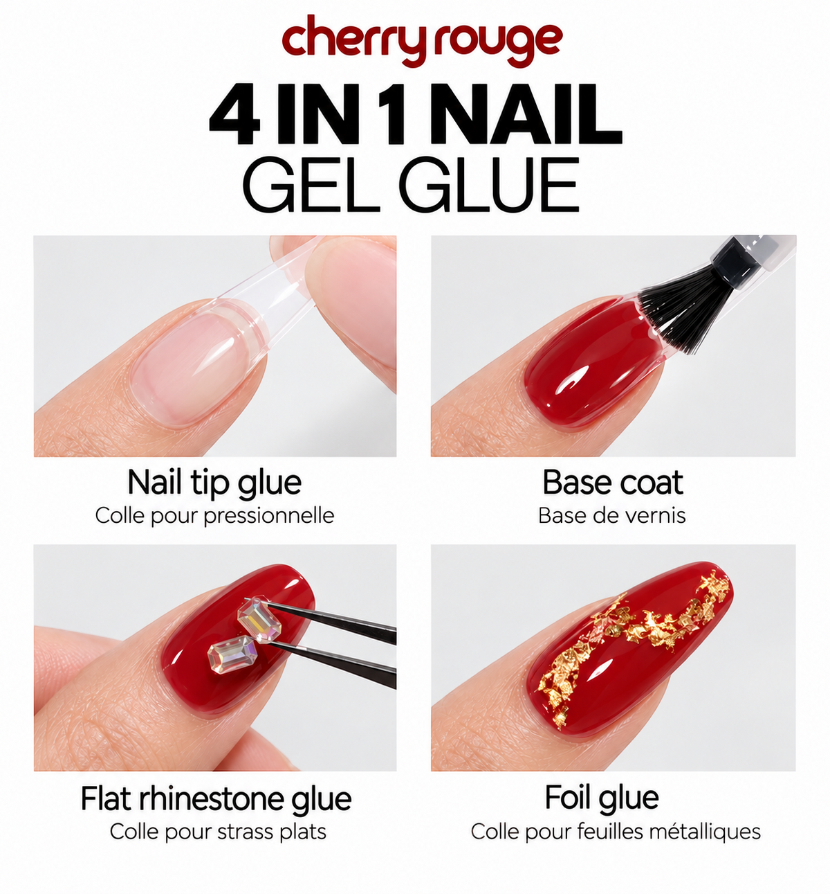 Collage Cherry Rouge montrant les 4 usages du Glue Gel : pose de capsule, base coat, fixation de strass et nail foil.
