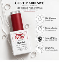 Flacon de Glue Gel Cherry Rouge 15ml pour capsules et Press-On Nails, formule HEMA et TPO free, vue de dessus.