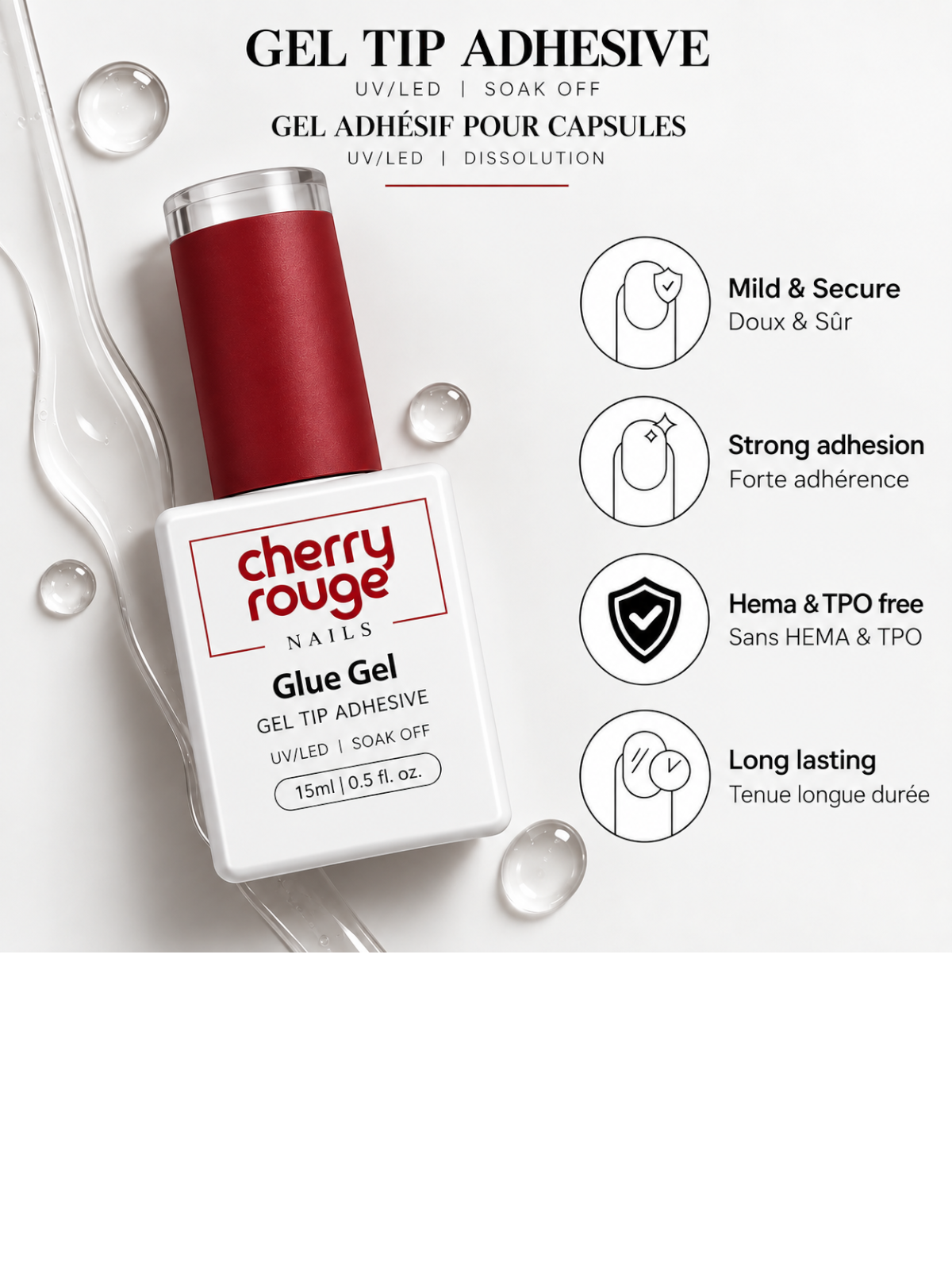 Flacon de Glue Gel Cherry Rouge 15ml pour capsules et Press-On Nails, formule HEMA et TPO free, vue de dessus.