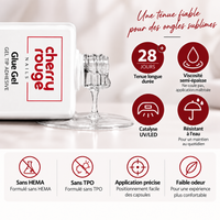 Flacon de Glue Gel Cherry Rouge pour capsules, gel adhésif UV/LED HEMA free avec détails sur ses avantages techniques.