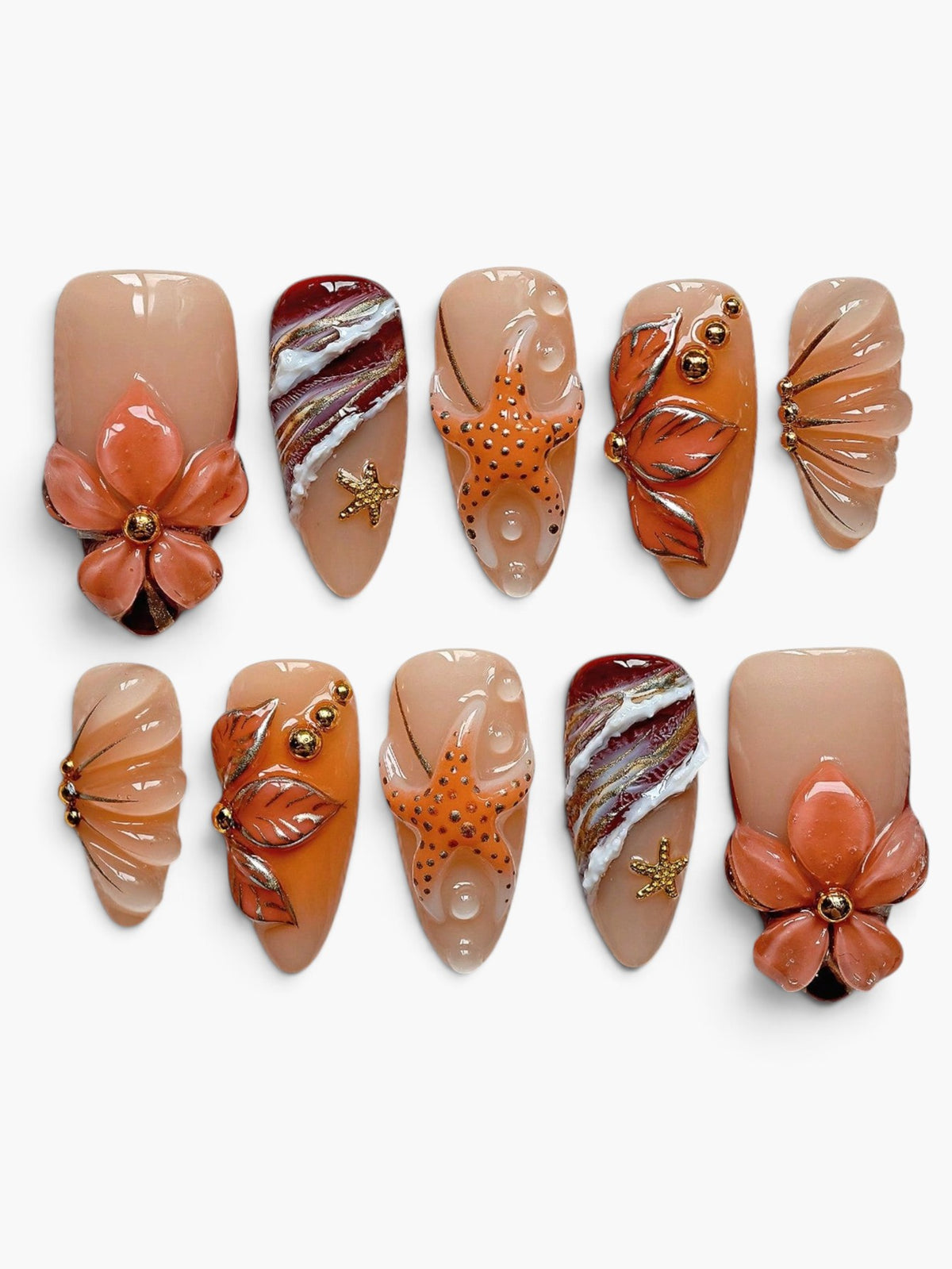 Ensemble de faux ongles Cherry Rouge Phantom Tide avec motifs 3D de fleurs, étoiles de mer et détails dorés