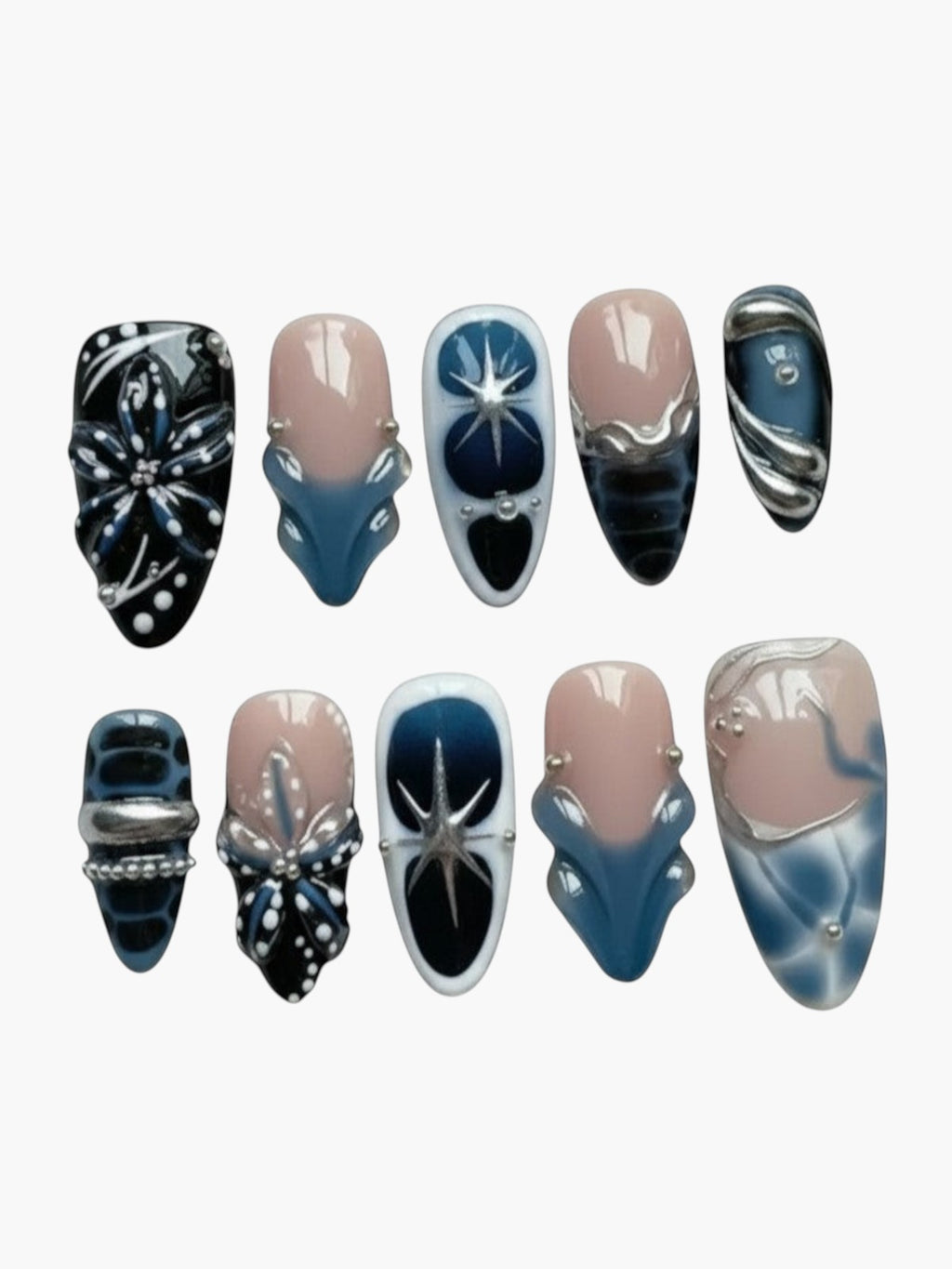 Set de 10 faux ongles Cherry Rouge Dewdrop Romance Blue en forme amande avec motifs dorés, noirs et effets gel bleu