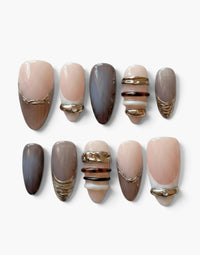 Set de 10 faux ongles Cherry Rouge Bronze Mirage en forme amande avec dégradés bronze, cuivre et accents dorés brillants