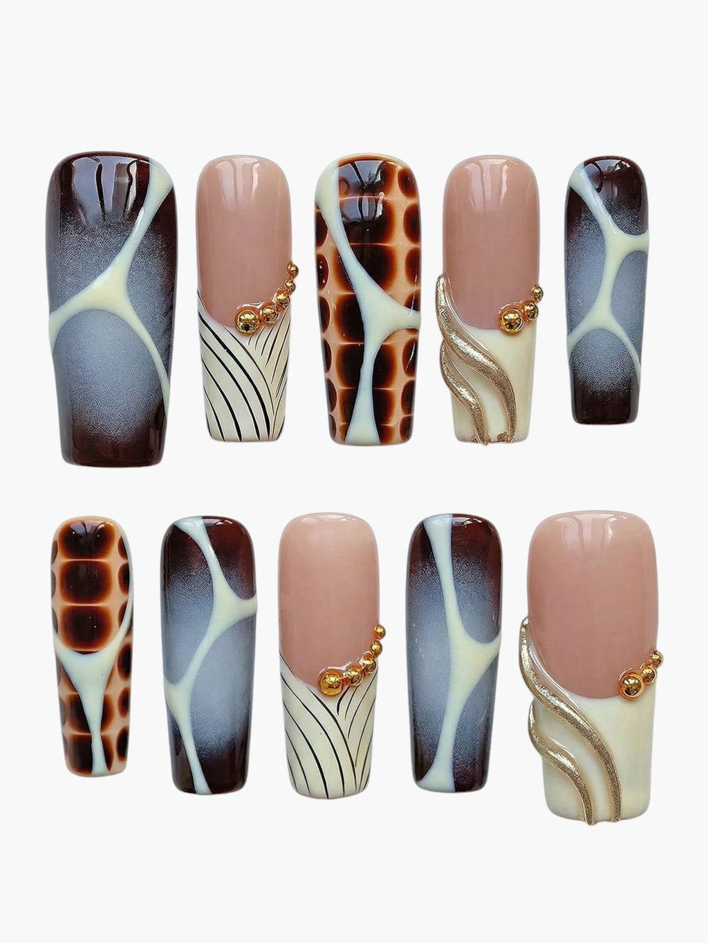 Set de 10 faux ongles Cherry Rouge Emerald Vortex en forme amande avec swirls vert émeraude, gris perle et détails dorés