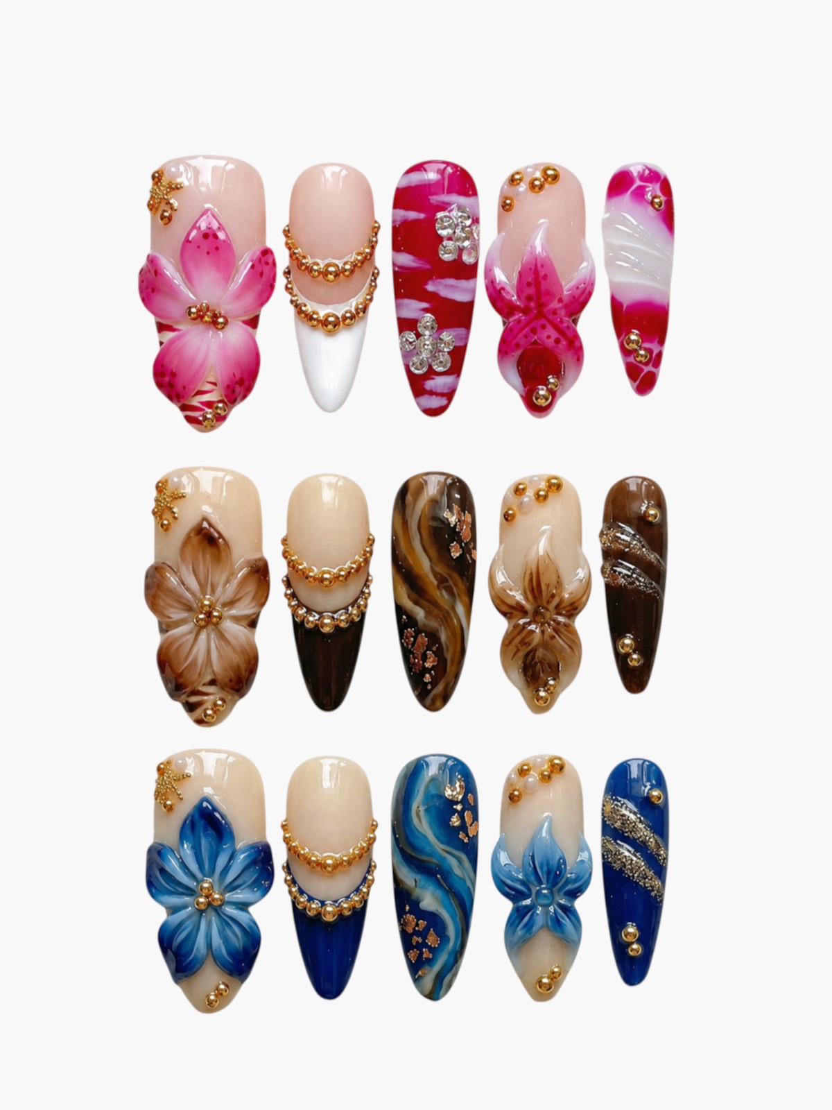 Set de faux ongles Cherry Rouge Blooming Luxe en forme amande avec fleurs 3D, détails dorés et effets marbrés glossy