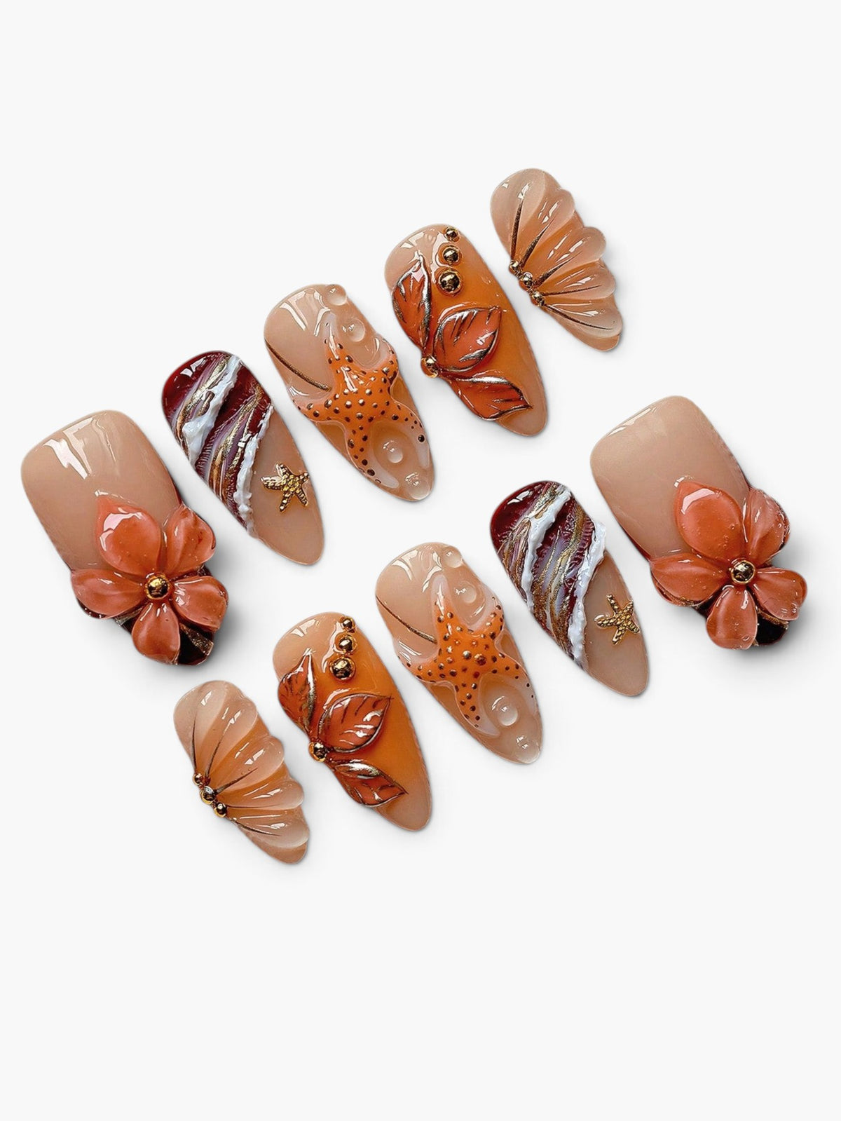 Ensemble de faux ongles Cherry Rouge Phantom Tide avec motifs d'étoiles de mer, fleurs en relief et effets marbrés