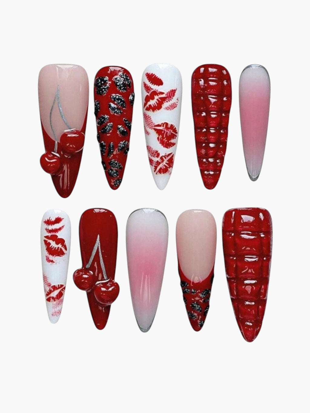 Set de 10 faux ongles Cherry Rouge Kiss Me forme stiletto avec motifs cerises 3D, baisers et finition brillante