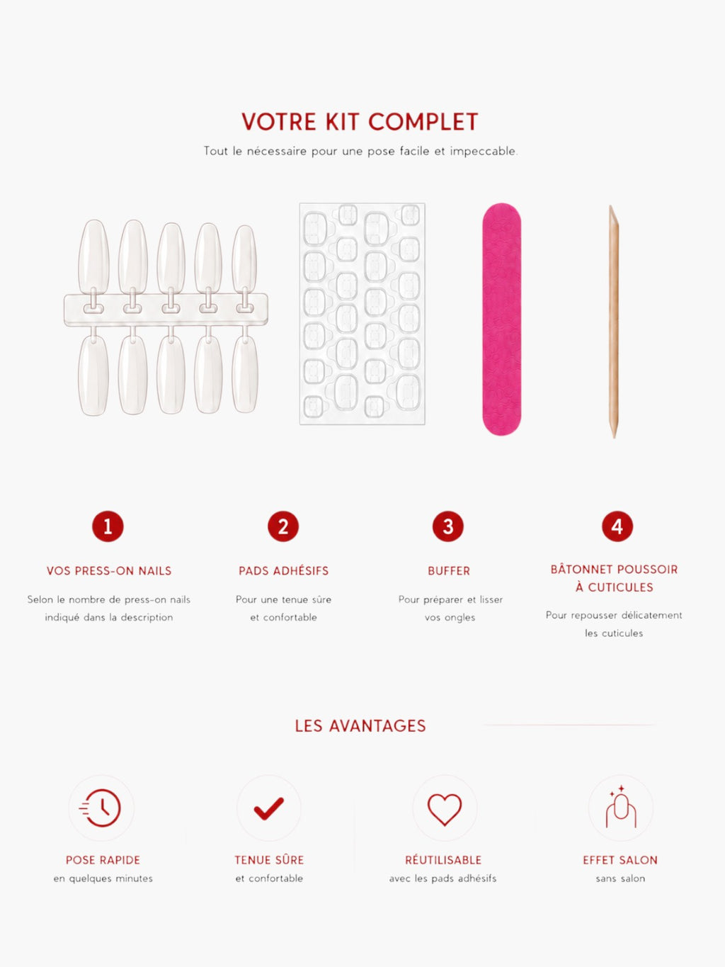 Kit complet Cherry Rouge pour pose de faux ongles avec capsules, pads adhésifs, buffer et bâtonnet repousse-cuticules