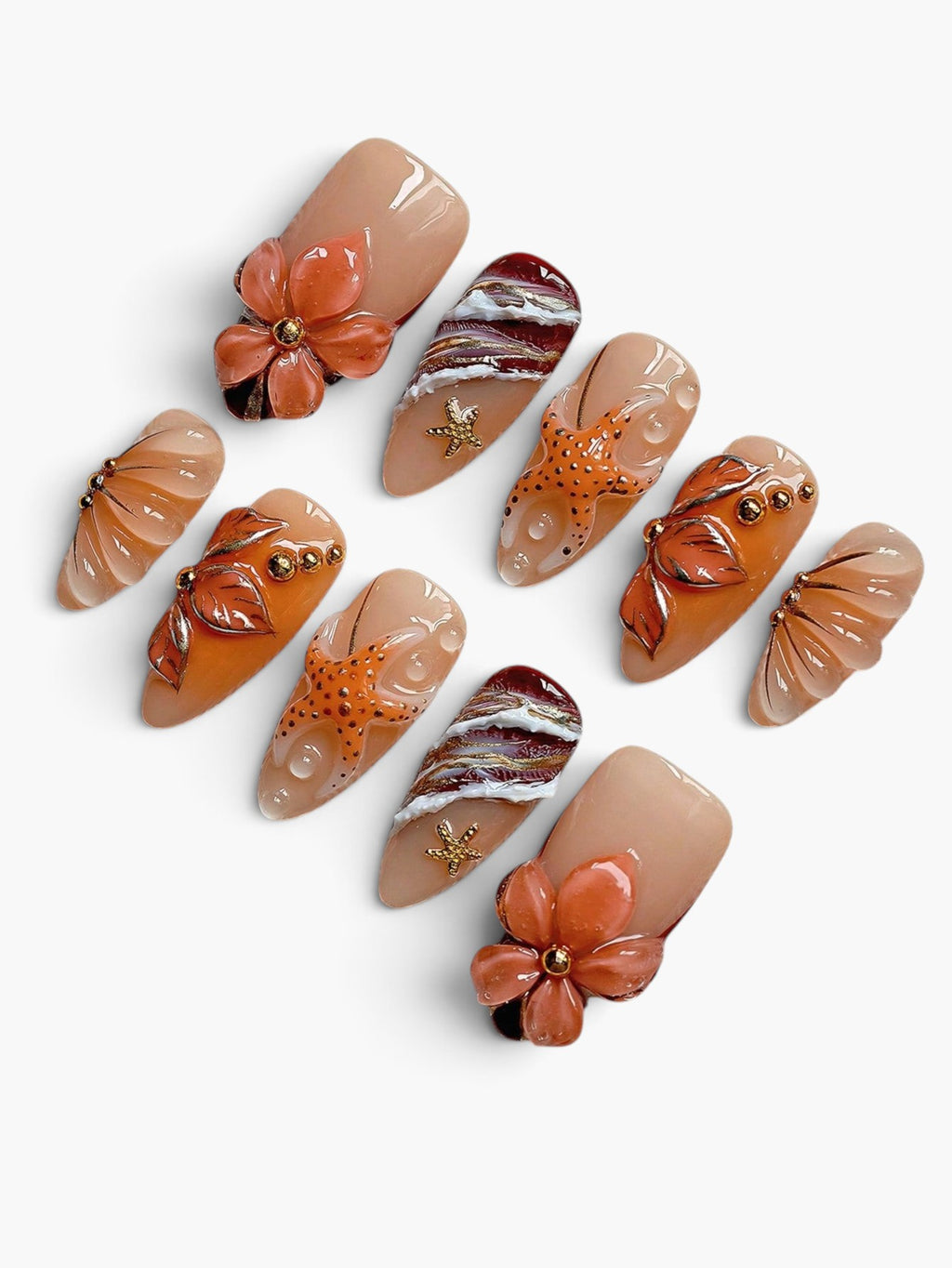 Faux ongles Cherry Rouge Phantom Tide avec motifs 3D de fleurs, étoiles de mer et vagues sur fond beige et marron